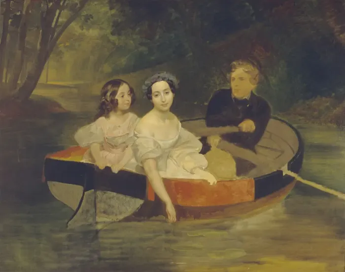 Framed Print : Self-portrait with Baroness Yekaterina Meller-Zakomelskaya and her daughter in a boat, 1833-1835. Artist: Briullov, Karl Pavlovich (1799-1852) Framed Print : Self-portrait with Baroness Yekaterina Meller-Zakomelskaya and her daughter in a boat, 1833-1835. Artist: Briullov, Karl Pavlovich (1799-1852)
