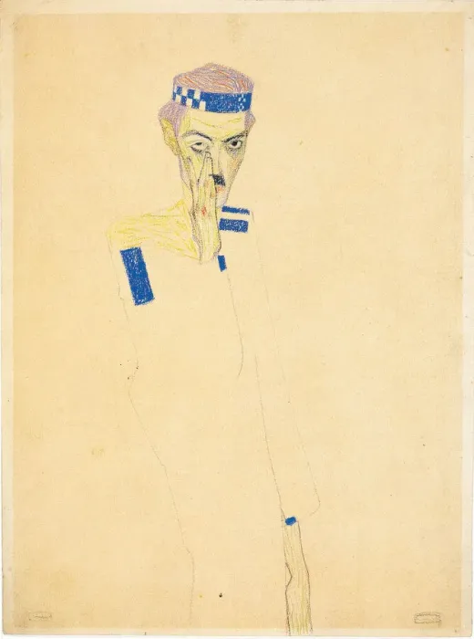 Framed Print : Self-Portrait with blue checked headband, 1909. Creator: Schiele, Egon (1890-1918) Framed Print : Self-Portrait with blue checked headband, 1909. Creator: Schiele, Egon (1890-1918)
