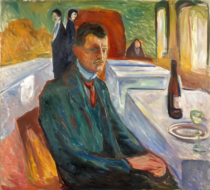 Framed Print : Self-Portrait with a Bottle of Wine. Artist: Munch, Edvard (1863-1944) Framed Print : Self-Portrait with a Bottle of Wine. Artist: Munch, Edvard (1863-1944)