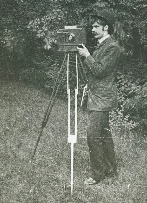 Framed Print : Self-Portrait with camera, tripod and pistol, 1886. Creator: Alfred Stieglitz Framed Print : Self-Portrait with camera, tripod and pistol, 1886. Creator: Alfred Stieglitz