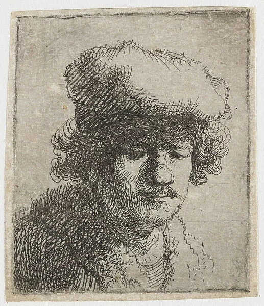 Self-portrait with cap pulled forward, c. 1630. Creator: Rembrandt van Rhijn (1606-1669)