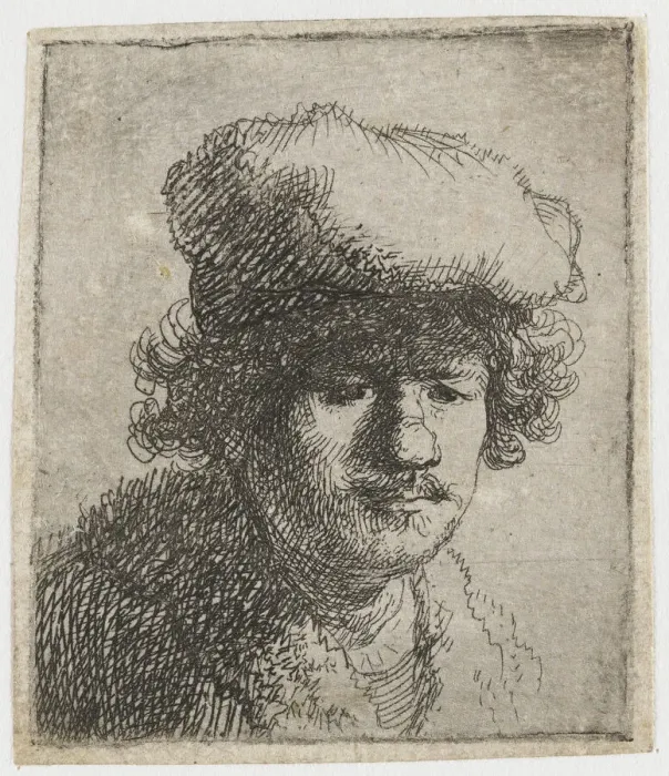 Framed Print : Self-portrait with cap pulled forward, c. 1630. Creator: Rembrandt van Rhijn (1606-1669) Framed Print : Self-portrait with cap pulled forward, c. 1630. Creator: Rembrandt van Rhijn (1606-1669)