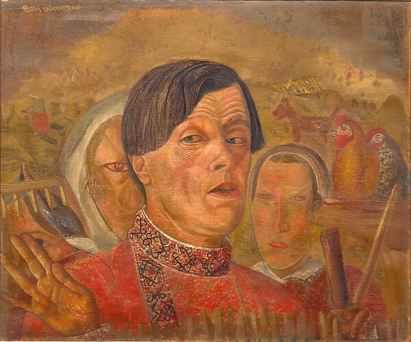 Self-portrait with the cock and the hen, c. 1924. Artist: Grigoriev, Boris Dmitryevich (1886-1939)