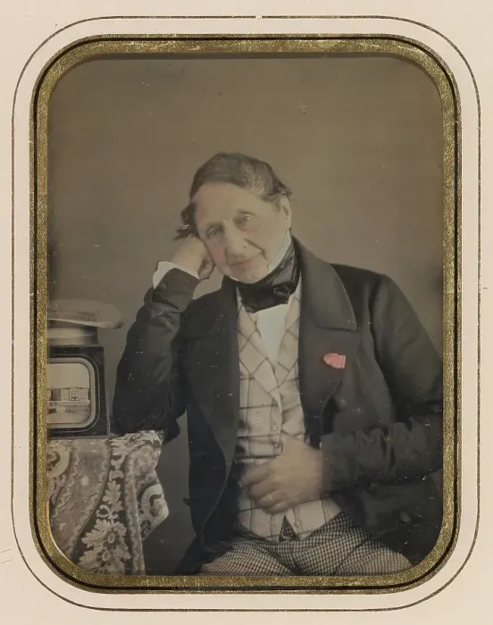 Framed Print : Self-portrait with a daguerreotype of Geneva, about 1847. Creator: Jean-Gabriel Eynard Framed Print : Self-portrait with a daguerreotype of Geneva, about 1847. Creator: Jean-Gabriel Eynard
