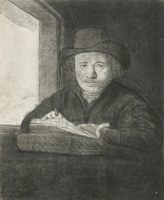 Framed Print : Self-portrait etching at a window, 1648. Creator: Rembrandt Harmensz van Rijn Framed Print : Self-portrait etching at a window, 1648. Creator: Rembrandt Harmensz van Rijn