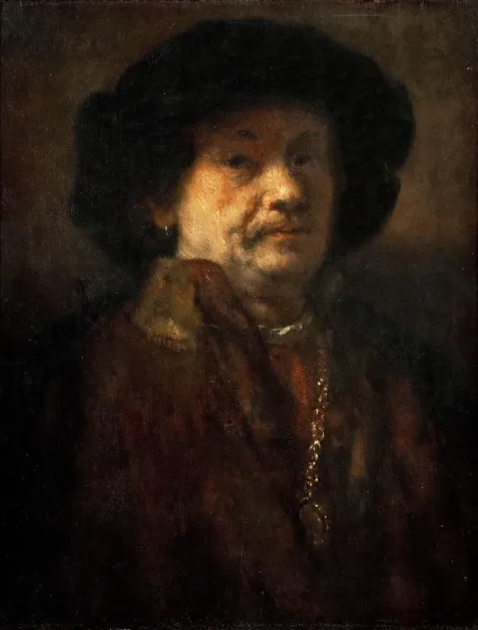 Framed Print : Self-Portrait in a fur coat with gold chain and earring, 1655 Framed Print : Self-Portrait in a fur coat with gold chain and earring, 1655