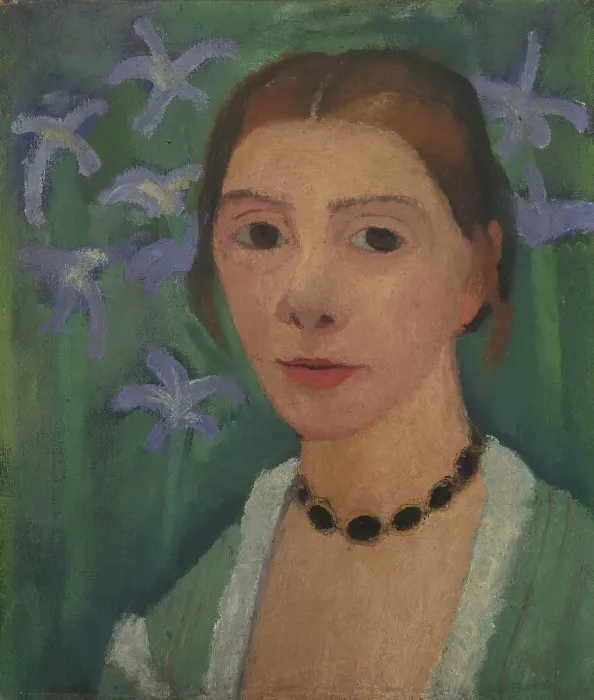 Framed Print : Self portrait in front of green background with blue irises, c. 1905 Framed Print : Self portrait in front of green background with blue irises, c. 1905