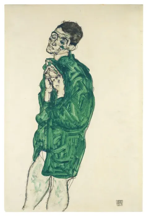 Framed Print : Self-portrait in green shirt with eyes closed, 1914. Artist: Schiele, Egon (1890-1918)