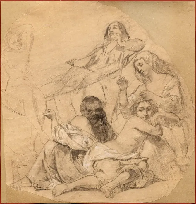Framed Print : Self-portrait in a hammock surrounded by a group of women, ca 1844-1850. Creator: Courbet, Gustave (1819-1877) Framed Print : Self-portrait in a hammock surrounded by a group of women, ca 1844-1850. Creator: Courbet, Gustave (1819-1877)