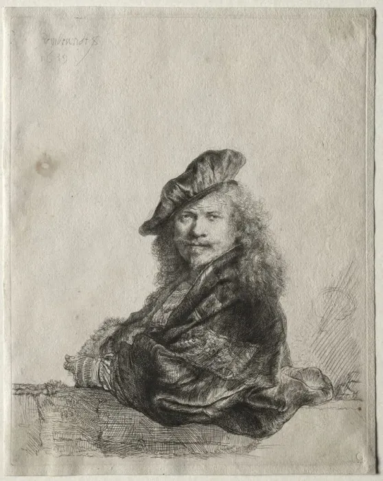 Framed Print : Self-Portrait Leaning on a Stone Sill, 1639. Creator: Rembrandt van Rijn (Dutch, 1606-1669) Framed Print : Self-Portrait Leaning on a Stone Sill, 1639. Creator: Rembrandt van Rijn (Dutch, 1606-1669)
