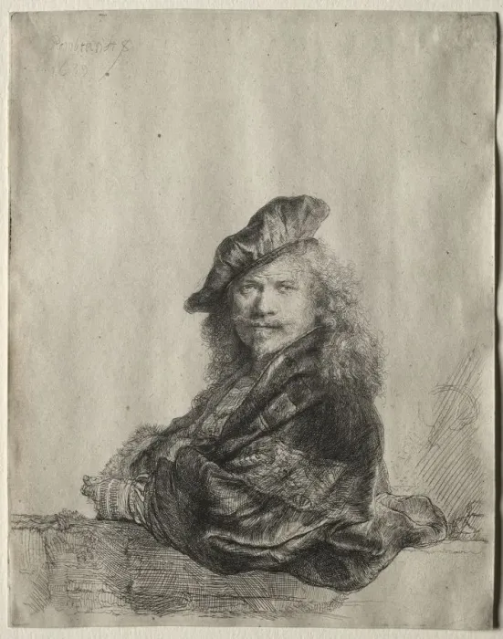 Framed Print : Self-Portrait Leaning on a Stone Sill, 1639. Creator: Rembrandt van Rijn (Dutch, 1606-1669) Framed Print : Self-Portrait Leaning on a Stone Sill, 1639. Creator: Rembrandt van Rijn (Dutch, 1606-1669)