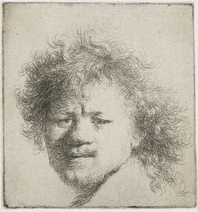 Framed Print : Self-portrait with long bushy hair: head only, ca 1631. Creator Framed Print : Self-portrait with long bushy hair: head only, ca 1631. Creator