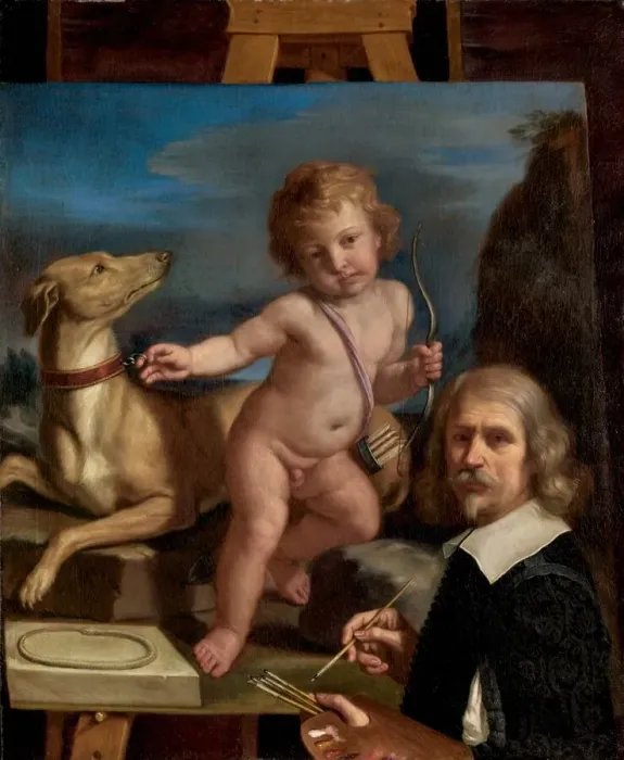 Framed Print : Self-Portrait before a Painting of Amor Fedele, 1655. Creator: Guercino Framed Print : Self-Portrait before a Painting of Amor Fedele, 1655. Creator: Guercino
