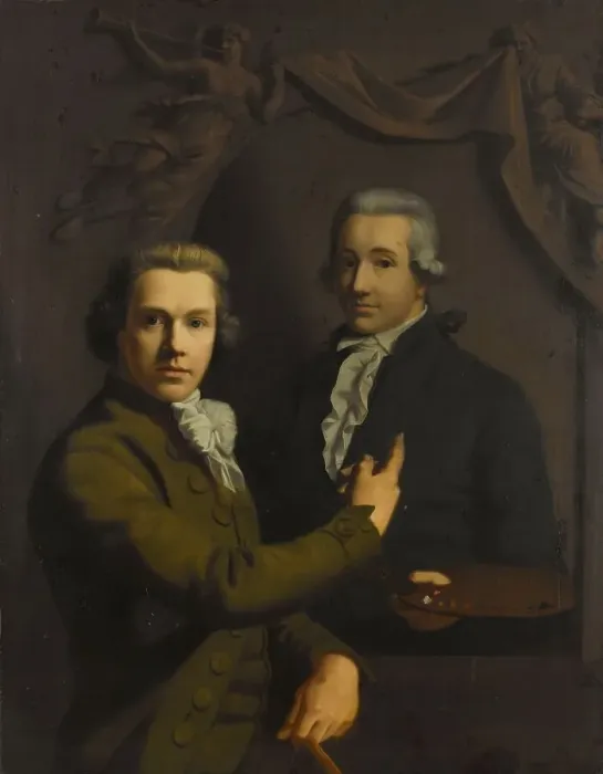 Framed Print : Self Portrait, Pointing at a Portrait of the Artist's deceased Colleague Dirk Jacobsz... 1791-1795. Creator: Willem Bartel van der Kooi