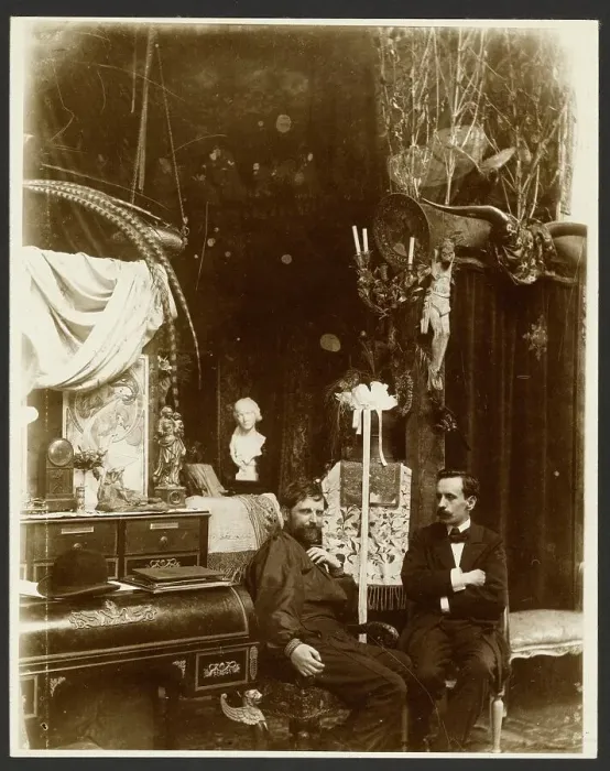 Framed Print : Self-Portrait with possibly Paul Gauguin in His Studio, Rue du Val-de-Grace, Paris, neg 1899. Creator: Alphonse Mucha Framed Print : Self-Portrait with possibly Paul Gauguin in His Studio, Rue du Val-de-Grace, Paris, neg 1899. Creator: Alphonse Mucha