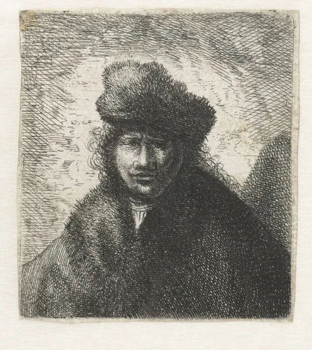 Framed Print : Self-Portrait in a slant fur cap: Bust, ca 1631. Creator: Rembrandt van Rhijn (1606-1669) Framed Print : Self-Portrait in a slant fur cap: Bust, ca 1631. Creator: Rembrandt van Rhijn (1606-1669)