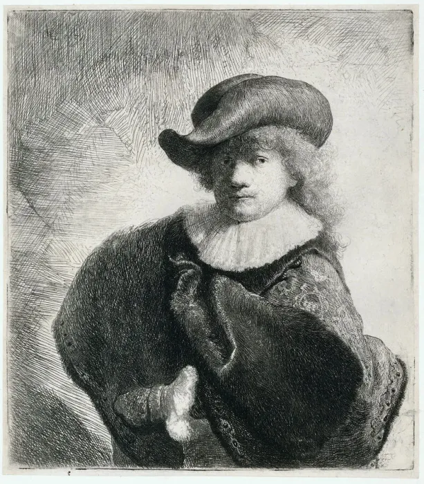 Framed Print : Self-portrait in a soft hat and embroidered cloak, 1631