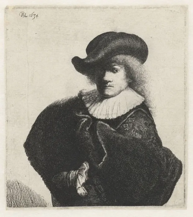 Framed Print : Self-portrait in a soft hat and embroidered cloak, 1634 Framed Print : Self-portrait in a soft hat and embroidered cloak, 1634