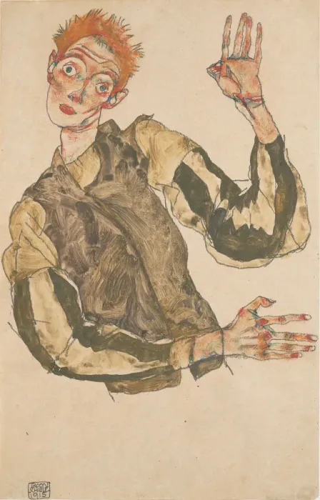 Framed Print : Self-Portrait with Striped Armlets, 1915. Artist: Schiele, Egon (1890?1918) Framed Print : Self-Portrait with Striped Armlets, 1915. Artist: Schiele, Egon (1890?1918)