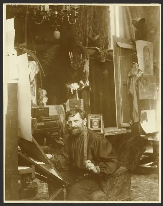 Framed Print : Self-Portrait in His Studio, Rue du Val-de-Grace, Paris, negative 1899; print about 1980. Creator: Alphonse Mucha Framed Print : Self-Portrait in His Studio, Rue du Val-de-Grace, Paris, negative 1899; print about 1980. Creator: Alphonse Mucha