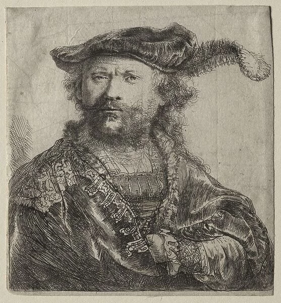 Self-Portrait in Velvet Cap with Plume, 1638. Creator: Rembrandt van Rijn (Dutch, 1606-1669)