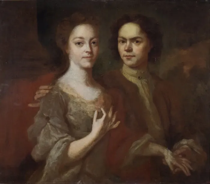 Framed Print : Self-portrait with the wife, c. 1729. Artist: Matveyev, Andrei Matveyevich (1701-1739) Framed Print : Self-portrait with the wife, c. 1729. Artist: Matveyev, Andrei Matveyevich (1701-1739)