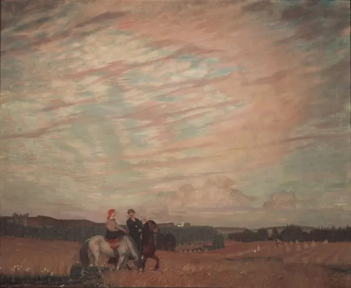 Framed Print : Self-portrait with the wife on horseback, 1915. Artist: Kustodiev, Boris Michaylovich (1878-1927) Framed Print : Self-portrait with the wife on horseback, 1915. Artist: Kustodiev, Boris Michaylovich (1878-1927)