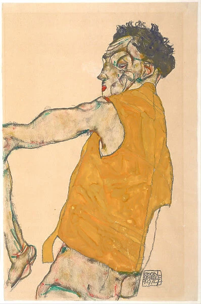 Self-Portrait in Yellow Vest, 1914. Artist: Schiele, Egon (1890?1918)