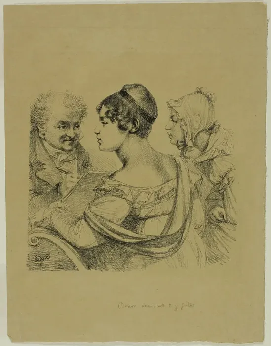 Framed Print : Self-Portrait with Two Young Ladies, c. 1816–17. Creator: Vivant Denon Framed Print : Self-Portrait with Two Young Ladies, c. 1816–17. Creator: Vivant Denon