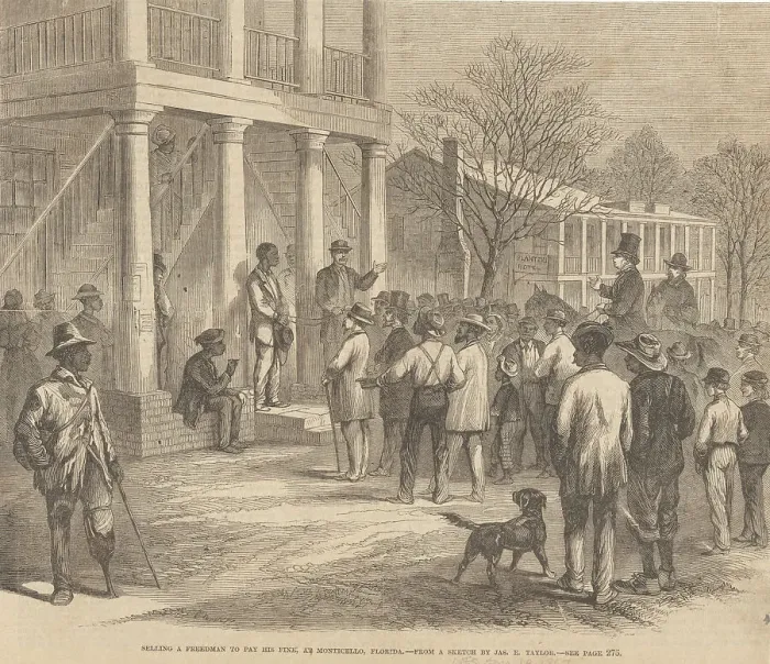 Framed Print : Selling a freedman to pay his fine, at Monticello, Florida, 1867. Creator: James Edward Taylor Framed Print : Selling a freedman to pay his fine, at Monticello, Florida, 1867. Creator: James Edward Taylor