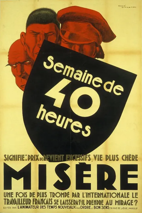 Framed Print : Semaine de 40 heures signifie prix de revient excessifs, vie plus chère, misère, 1936. Creator: Vincent, René (1879-1936) Framed Print : Semaine de 40 heures signifie prix de revient excessifs, vie plus chère, misère, 1936. Creator: Vincent, René (1879-1936)