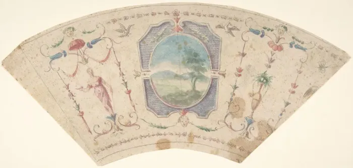 Framed Print : Semi-Circular Design with Grotesques and a Central Medaillon containing a Landscape Framed Print : Semi-Circular Design with Grotesques and a Central Medaillon containing a Landscape