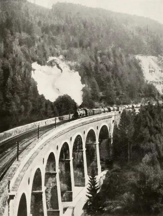 Framed Print : In the Semmering Valley, Austria. A good train crossing the curved Gamperl Viaduct, 1935-36