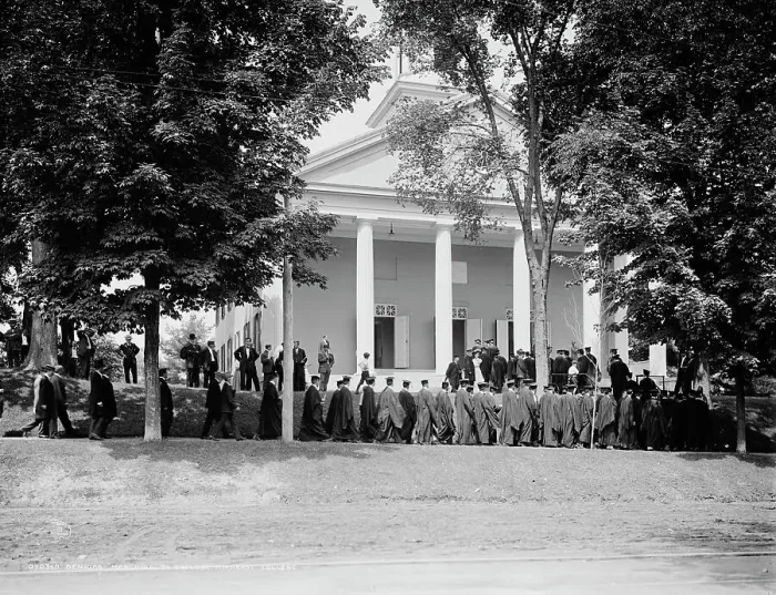 Framed Print : Seniors marching to college, Amherst College, c1908. Creator: Unknown Framed Print : Seniors marching to college, Amherst College, c1908. Creator: Unknown