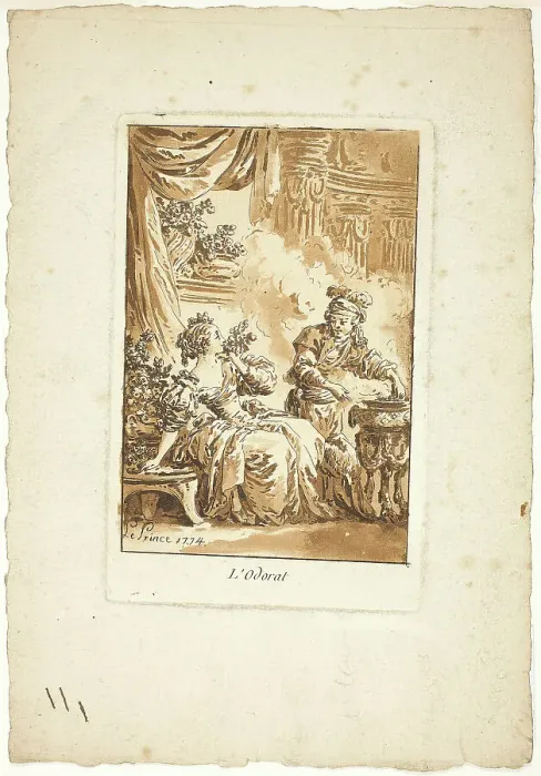 Framed Print : Sense of Smell, 1774. Creator: Jean Baptiste Le Prince Framed Print : Sense of Smell, 1774. Creator: Jean Baptiste Le Prince