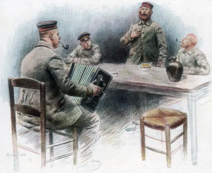 Framed Print : Sentimental ballad in the Canteen, German prisoners of war in Dinan, France, 1915, (1926). Artist: Maurice Orange Framed Print : Sentimental ballad in the Canteen, German prisoners of war in Dinan, France, 1915, (1926). Artist: Maurice Orange