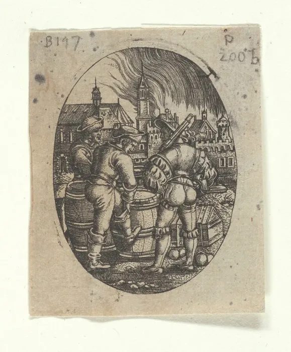 Framed Print : The sentinel at the powder kegs. Creator: Beham, Hans Sebald (1500-1550) Framed Print : The sentinel at the powder kegs. Creator: Beham, Hans Sebald (1500-1550)