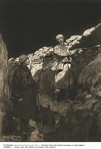 Sentry duty; The Colonel, inspecting his trenches during a night of high alert.. 1917. Creator: Unknown