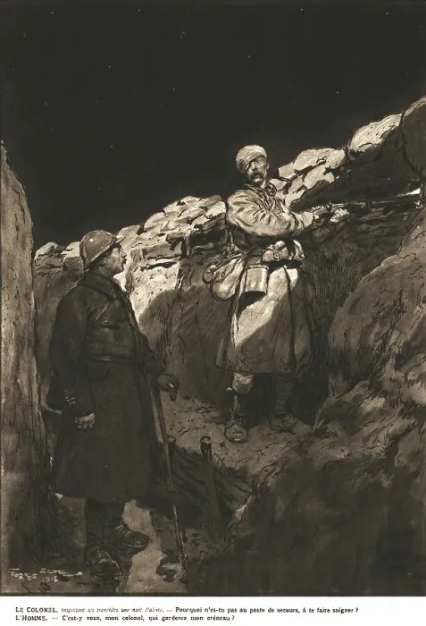 Framed Print : Sentry duty; The Colonel, inspecting his trenches during a night of high alert.. 1917. Creator: Unknown Framed Print : Sentry duty; The Colonel, inspecting his trenches during a night of high alert.. 1917. Creator: Unknown