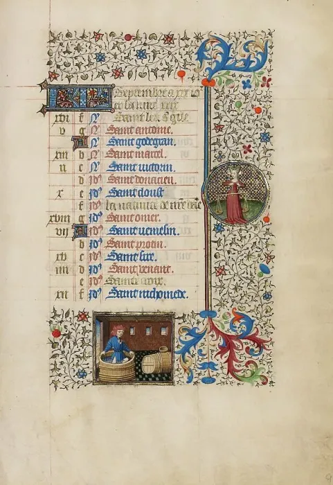 Framed Print : September Calendar Page: Making Wine: Libra; Book of Hours, about 1440-1450. Creator: Workshop of the Bedford Master Framed Print : September Calendar Page: Making Wine: Libra; Book of Hours, about 1440-1450. Creator: Workshop of the Bedford Master