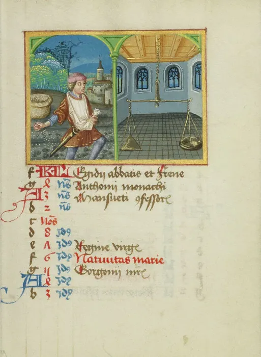 Framed Print : September Calendar Page; Sowing; Libra; Book of Hours, early 16th century. Creator: Unknown