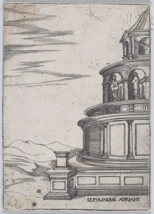 Framed Print : Sepulchrum Adriani (Views of Ancient Roman Temples and Arches), 1535-40. 1535-40. Creator: Anon Framed Print : Sepulchrum Adriani (Views of Ancient Roman Temples and Arches), 1535-40. 1535-40. Creator: Anon