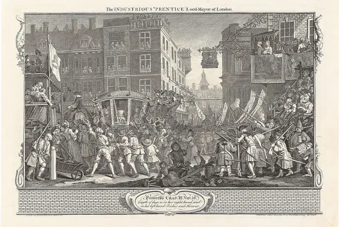 Framed Print : Series Industry and Idleness, Plate 12: The Industrious Prentice Lord-Mayor of London, 1747. Creator: Hogarth, William (1697-1764). Series Industry and Idleness, Plate 12: The Industrious Prentice Lord-Mayor of London, 1747 Framed Print : Series Industry and Idleness, Plate 12: The Industrious Prentice Lord-Mayor of London, 1747. Creator: Hogarth, William (1697-1764). Series Industry and Idleness, Plate 12: The Industrious Prentice Lord-Mayor of London, 1747