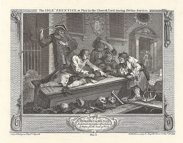 Series 'Industry and Idleness', Plate 3: The Idle Prentice at Play in the Church Yard... 1747. Creator: Hogarth, William (1697-1764). Series 'Industry and Idleness', Plate 3: The Idle Prentice at Play in the Church Yard... 1747