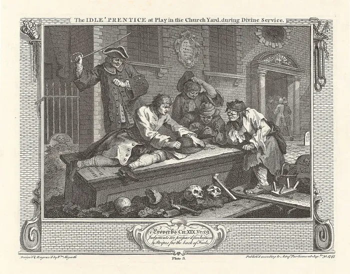 Framed Print : Series Industry and Idleness, Plate 3: The Idle Prentice at Play in the Church Yard... 1747. Creator: Hogarth, William (1697-1764). Series Industry and Idleness, Plate 3: The Idle Prentice at Play in the Church Yard... 1747 Framed Print : Series Industry and Idleness, Plate 3: The Idle Prentice at Play in the Church Yard... 1747. Creator: Hogarth, William (1697-1764). Series Industry and Idleness, Plate 3: The Idle Prentice at Play in the Church Yard... 1747