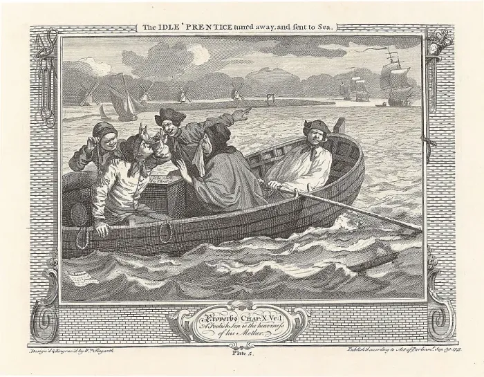 Framed Print : Series Industry and Idleness, Plate 5: The Idle Prentice turn'd away, and sent to Sea, 1747. Creator: Hogarth, William (1697-1764). Series Industry and Idleness, Plate 5: The Idle Prentice turn'd away, and sent to Sea, 1747 Framed Print : Series Industry and Idleness, Plate 5: The Idle Prentice turn'd away, and sent to Sea, 1747. Creator: Hogarth, William (1697-1764). Series Industry and Idleness, Plate 5: The Idle Prentice turn'd away, and sent to Sea, 1747