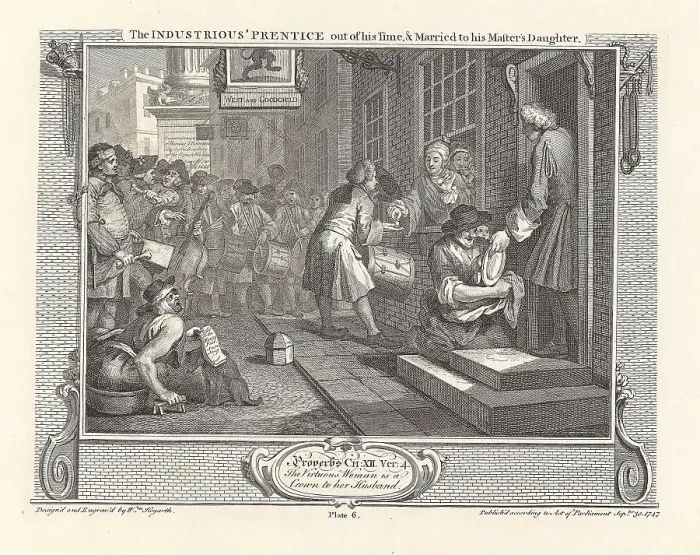 Framed Print : Series Industry and Idleness, Plate 6: The Industrious Prentice out of his Time, and... 1747. Creator: Hogarth, William (1697-1764). Series Industry and Idleness, Plate 6: The Industrious Prentice out of his Time, and... 1747 Framed Print : Series Industry and Idleness, Plate 6: The Industrious Prentice out of his Time, and... 1747. Creator: Hogarth, William (1697-1764). Series Industry and Idleness, Plate 6: The Industrious Prentice out of his Time, and... 1747