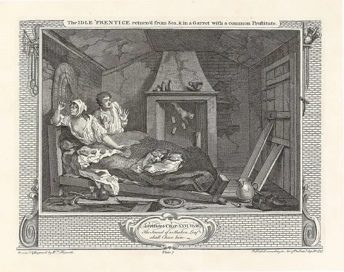 Framed Print : Series Industry and Idleness, Plate 7: The Idle Prentice return'd from Sea, and in a... 1747. Creator: Hogarth, William (1697-1764). Series Industry and Idleness, Plate 7: The Idle Prentice return'd from Sea, and in a... 1747 Framed Print : Series Industry and Idleness, Plate 7: The Idle Prentice return'd from Sea, and in a... 1747. Creator: Hogarth, William (1697-1764). Series Industry and Idleness, Plate 7: The Idle Prentice return'd from Sea, and in a... 1747