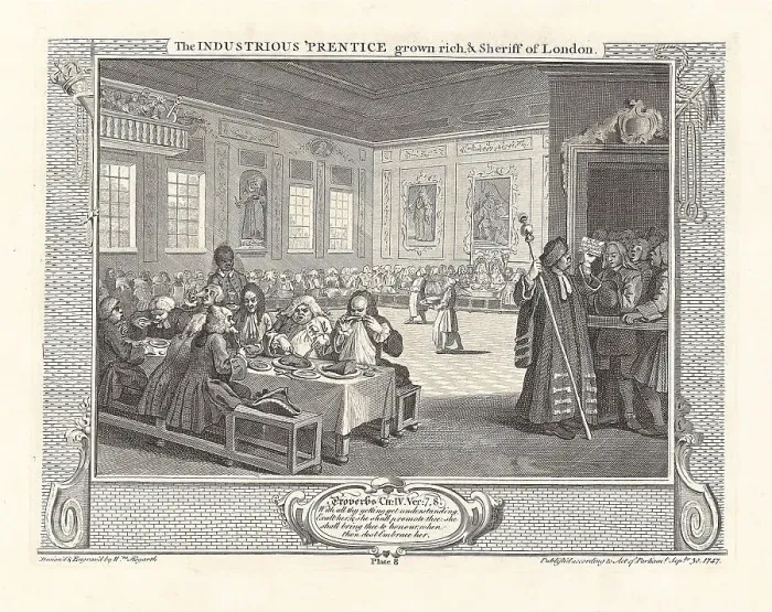 Framed Print : Series Industry and Idleness, Plate 8: The Industrious Prentice grown rich... 1747. Creator: Hogarth, William (1697-1764). Series Industry and Idleness, Plate 8: The Industrious Prentice grown rich... 1747