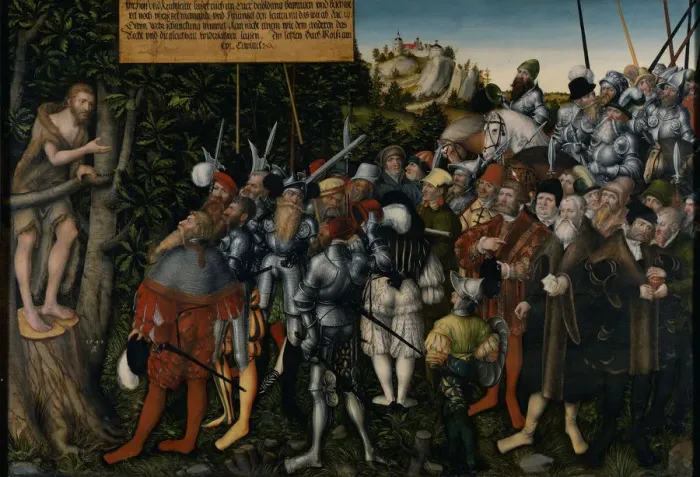 Framed Print : The Sermon of John the Baptist, 1549. Artist: Cranach, Lucas, the Younger (1515-1586) Framed Print : The Sermon of John the Baptist, 1549. Artist: Cranach, Lucas, the Younger (1515-1586)